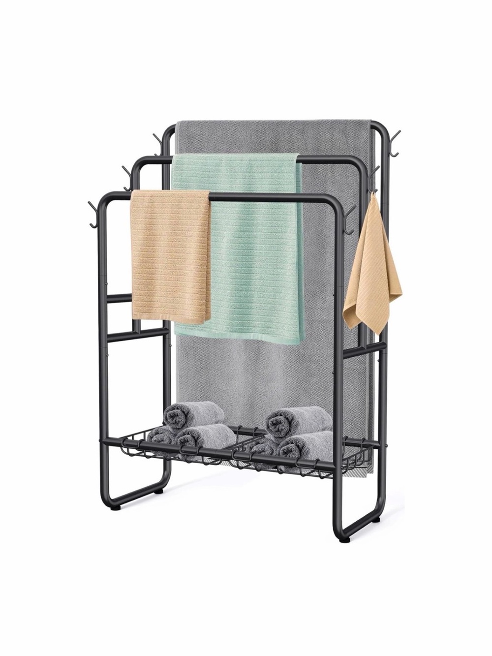 Black 40'' Freestanding 3 Tier Metal Towel Rack, 2 Baskets & 6 Hooks🪝